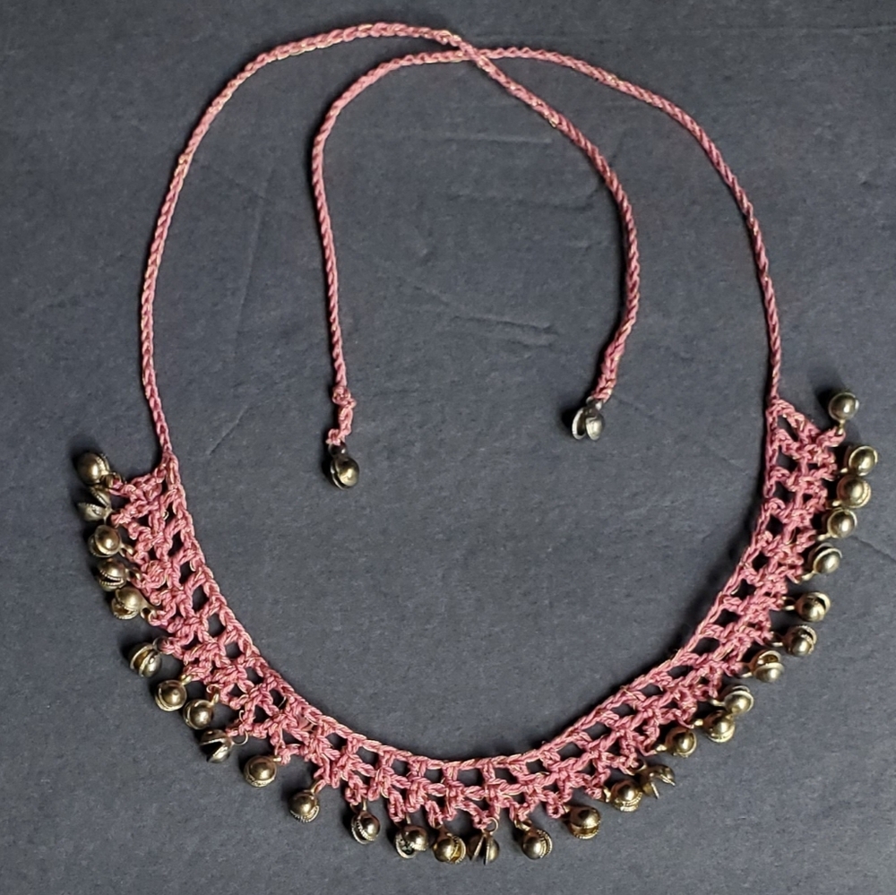 Brass Bells Necklace Boho Tie On Pink Handmade Dancer Costume Jewelry